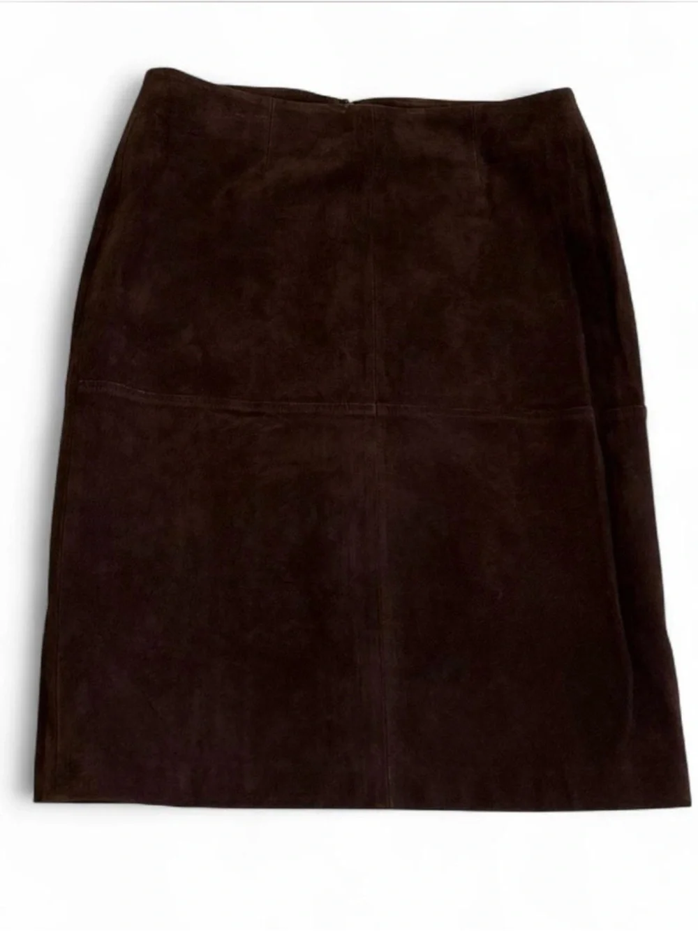 Chocolate Brown Patch Suede Midi Genuine Leather Skirt Size 8* Newport News - Picture 1 of 7